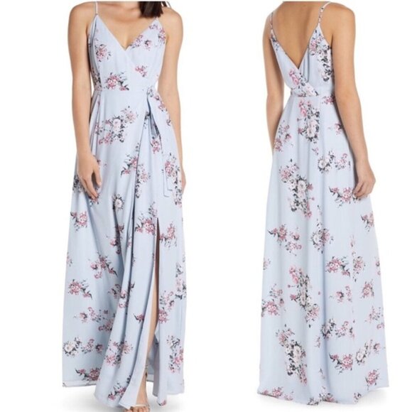WAYF Angelina Slit Floral Wrap Gown Blue Size Medium - Picture 1 of 15